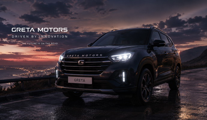 Featured project: Greta Motors SUV parked on a wet road at dusk, launch film still