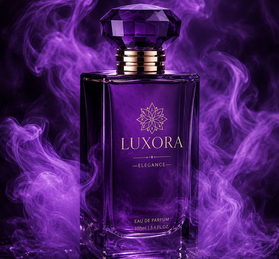Featured project: Luxora perfume bottle photographed in swirling purple smoke