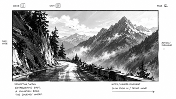 Small preview: black-and-white AI-generated storyboard frame of a mountain road